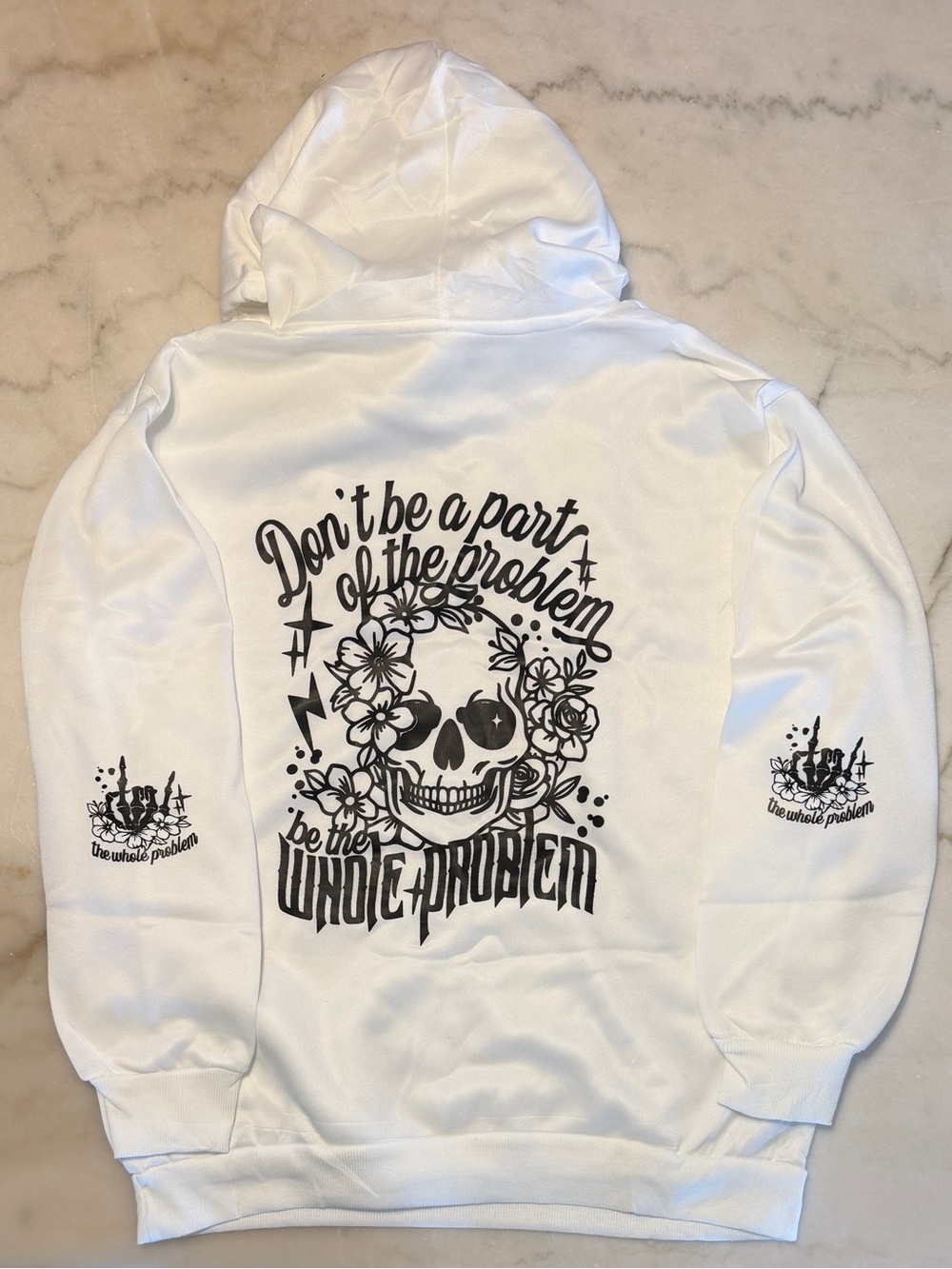 White Graphic Skull Hoodie with Floral Design